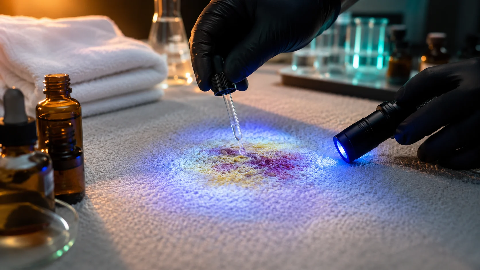 Technician testing difficult stains during specialist carpet and mattress restoration