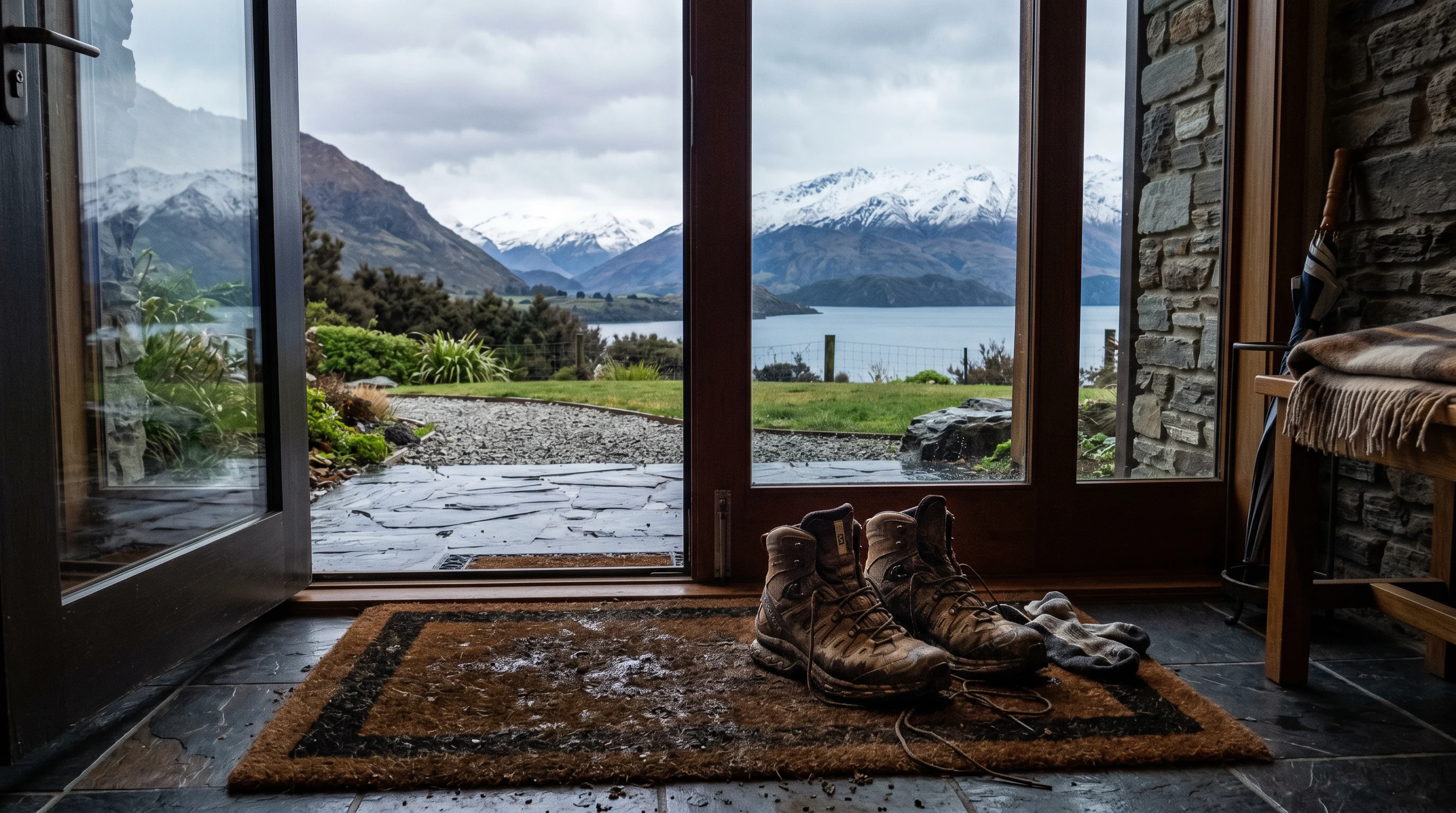 Muddy boots in an entryway with a Queenstown winter view